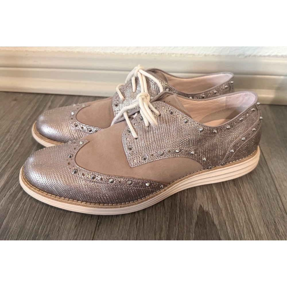 Rare Cole Haan LunarGrand Studded Wingtip Oxfords Womens 8B Mauve Pink Metallic